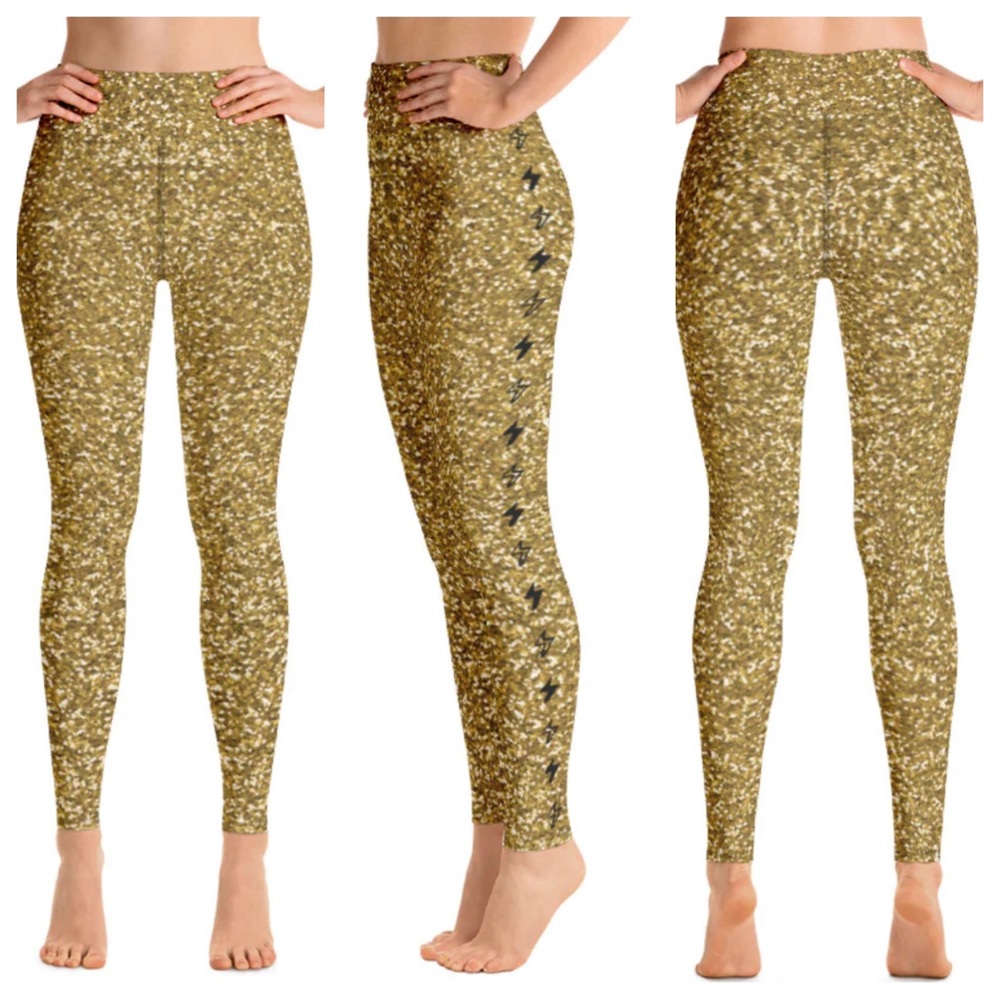 CHAKRA GIRL Leggings high waisted gold glitter print lightning bolt pattern M